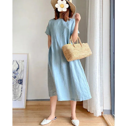 New in Spring Summer Women's Dress Elegant Casual Loose Short Sleeve Tops A-LINE Oversize Solid Midi Dresses for Women Clothing Badiee Stylez
