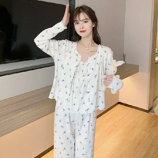 Three Piece Cotton Pajamas Women Long Sleeve Trousers Sexy Floral Student Loungewear Large Size Romantic Women Nightwear Sexy