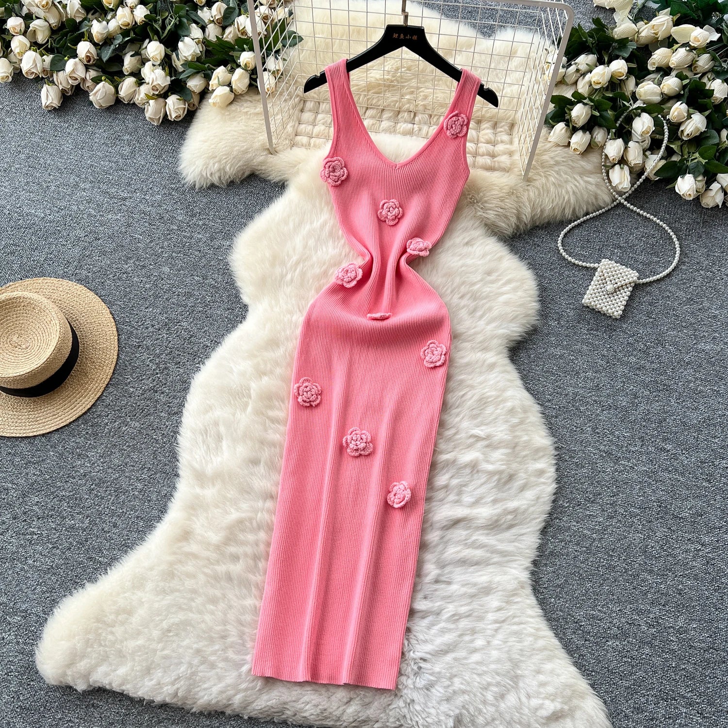 SINGREINY Knitted 3D Flower Chic Dress Sleeveless Slim Solid Elastic Sundress Women Summer Casual Fashion Bodycon Long Dresses