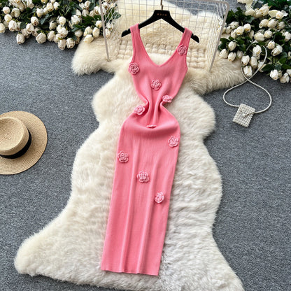 SINGREINY Knitted 3D Flower Chic Dress Sleeveless Slim Solid Elastic Sundress Women Summer Casual Fashion Bodycon Long Dresses