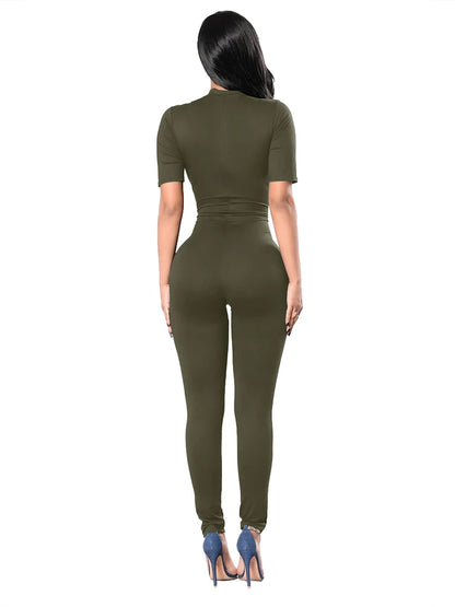 New Autumn and Winter Short Sleeve V Neck Bodycon Jumpsuit Full Lengt Rompers Women Jumpsuits Badiee Stylez