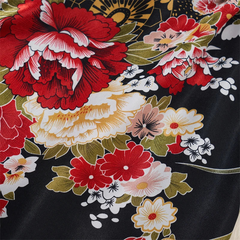 Japanese Sexy Print Kimono Slim Fit V-Neck Nightgown Loose Petal Sleeves Women's Erotic Lingerie Mini Irregular Patchwork Dress