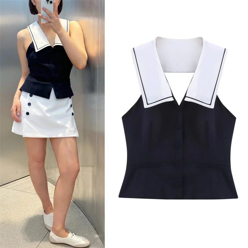 Women's Tops New Summer 2025 Sailor Suit Style Sleeveless Top Sexy Open Back Design Fashionable and Versatile Lively Personality