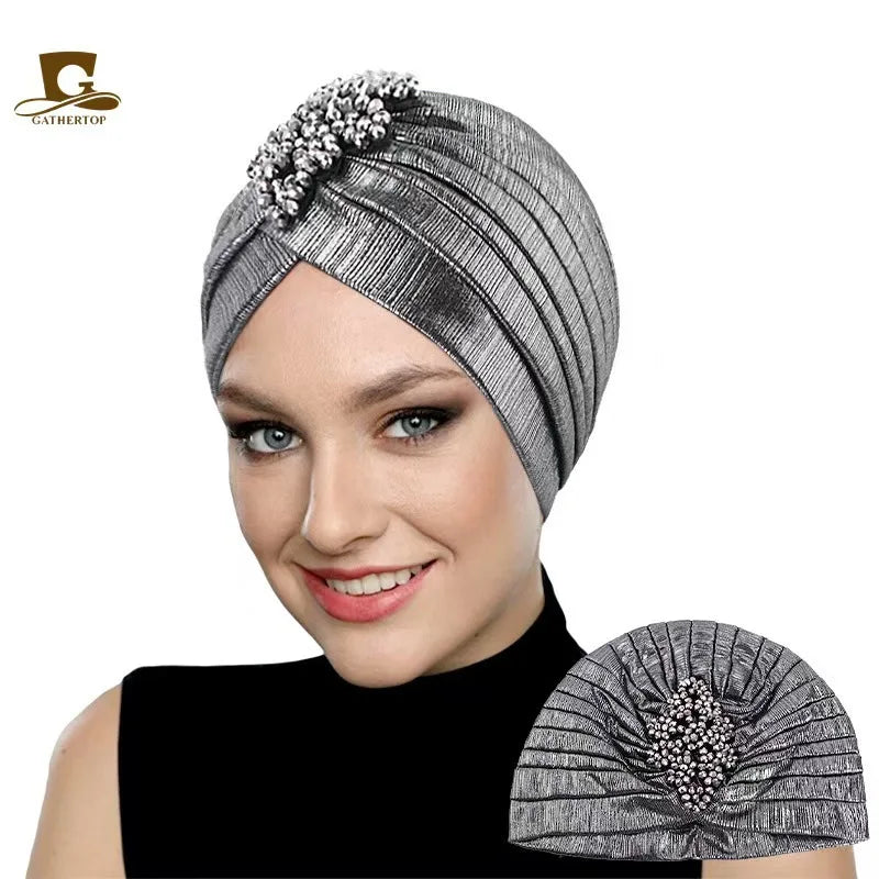 Ethnic Gathered Headscarf with Clover Crystal Gold Foil Print Fashion Hair Cover for Women Hijab Head Wrap Accessory
