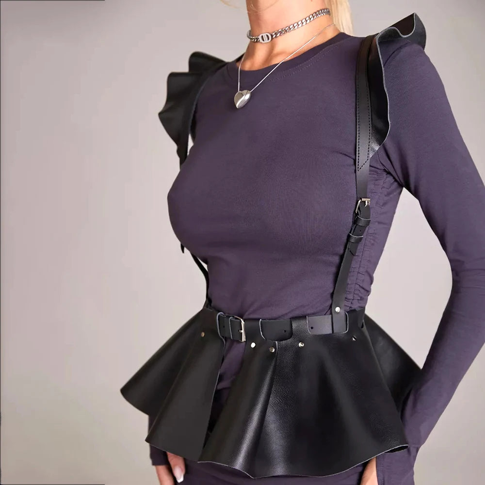 Women's Fashion Leather Body Harness Belt Skirt With Ruffle Hem Gothic Style Waist &Shoulder Belt Clothing Accessory harness belt