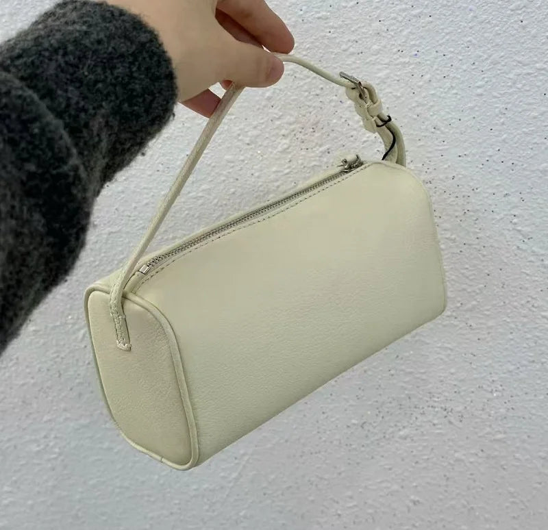 VIELINE Women's Pencil Bag Pillow Bag Genuine Leather Underarm Hobo Bag Day Clutches Ladies Simple Design Mini Purse White 19cmX11cmX8cm