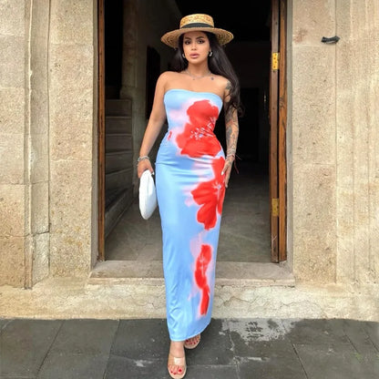 Women's Dresses Summer New Streetwear Fashion Print Casual Slim Dress Sexy Off Shoulder Elegant Female Club Party Dress Clothing Blue