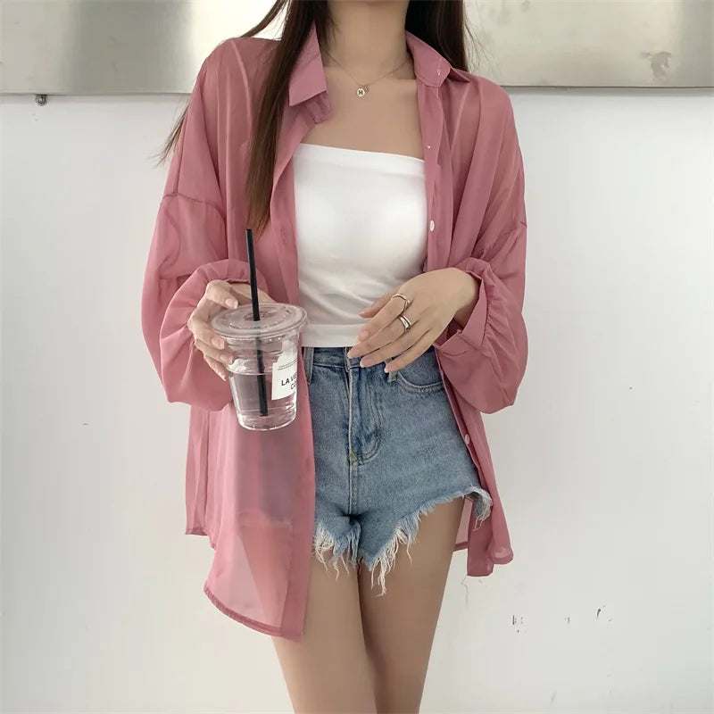 Semi Sheer Long Sleeve Shirt for Women Shimmer Button Down Collared Plain Lightweight Shirt Spring Summer Chic Tops Outfit