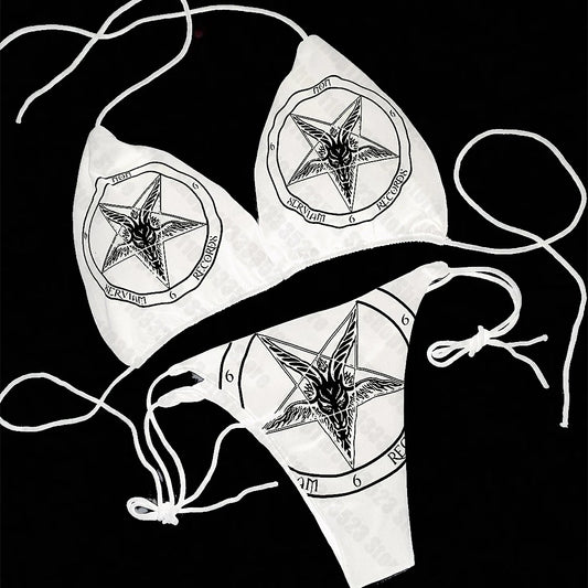 Y2k stlye Printed Split Swimsuit Ladies Bikini Sexy Deep V Lace-up Thong Swimsuit Two-piece Beach Vacation Surfing Sunbathing WHITE