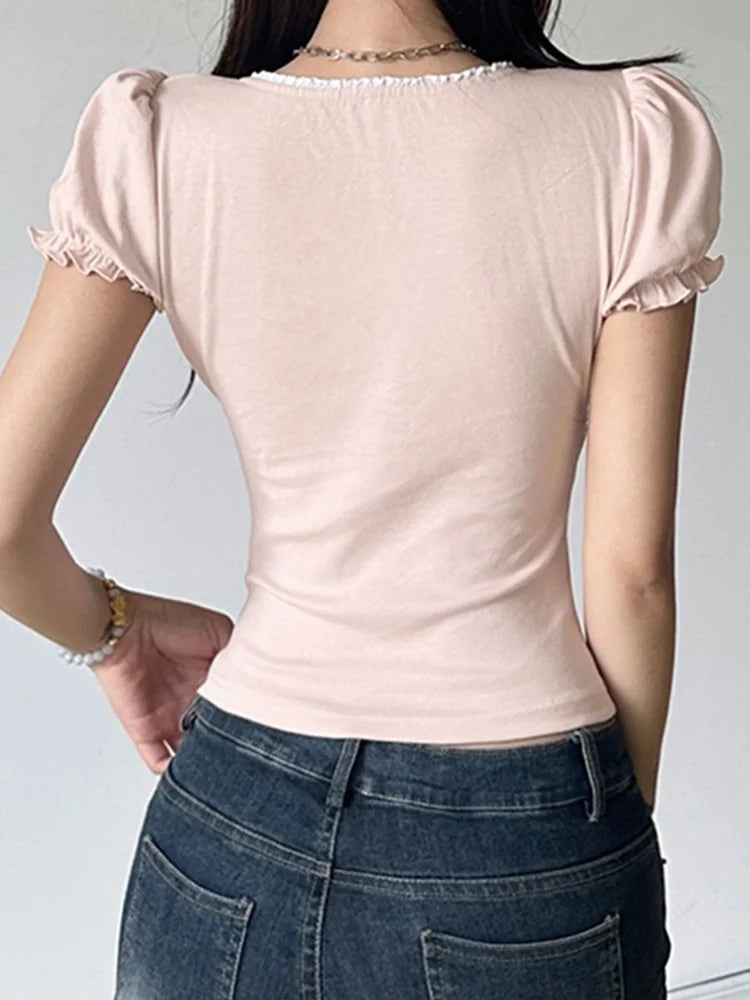 Sweet Button-up Top Women's Summer Cute Slim-fitting Contrast Lace Stitching Bow Square Collar T-shirts Y2K Korean Tees
