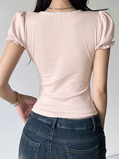 Sweet Button-up Top Women's Summer Cute Slim-fitting Contrast Lace Stitching Bow Square Collar T-shirts Y2K Korean Tees