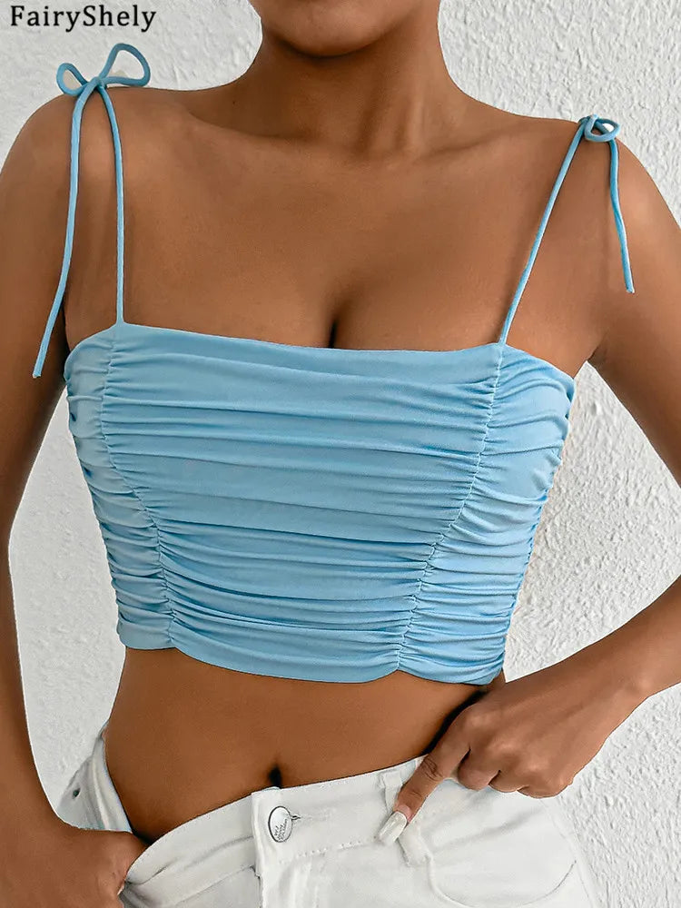 Fairyshely Sexy Female Summer Tied Strap Top 2025 Women Lace Sleeveless Bodycon Short Vest Lady Blue Off Shoulder Clud Crop Tops Blue