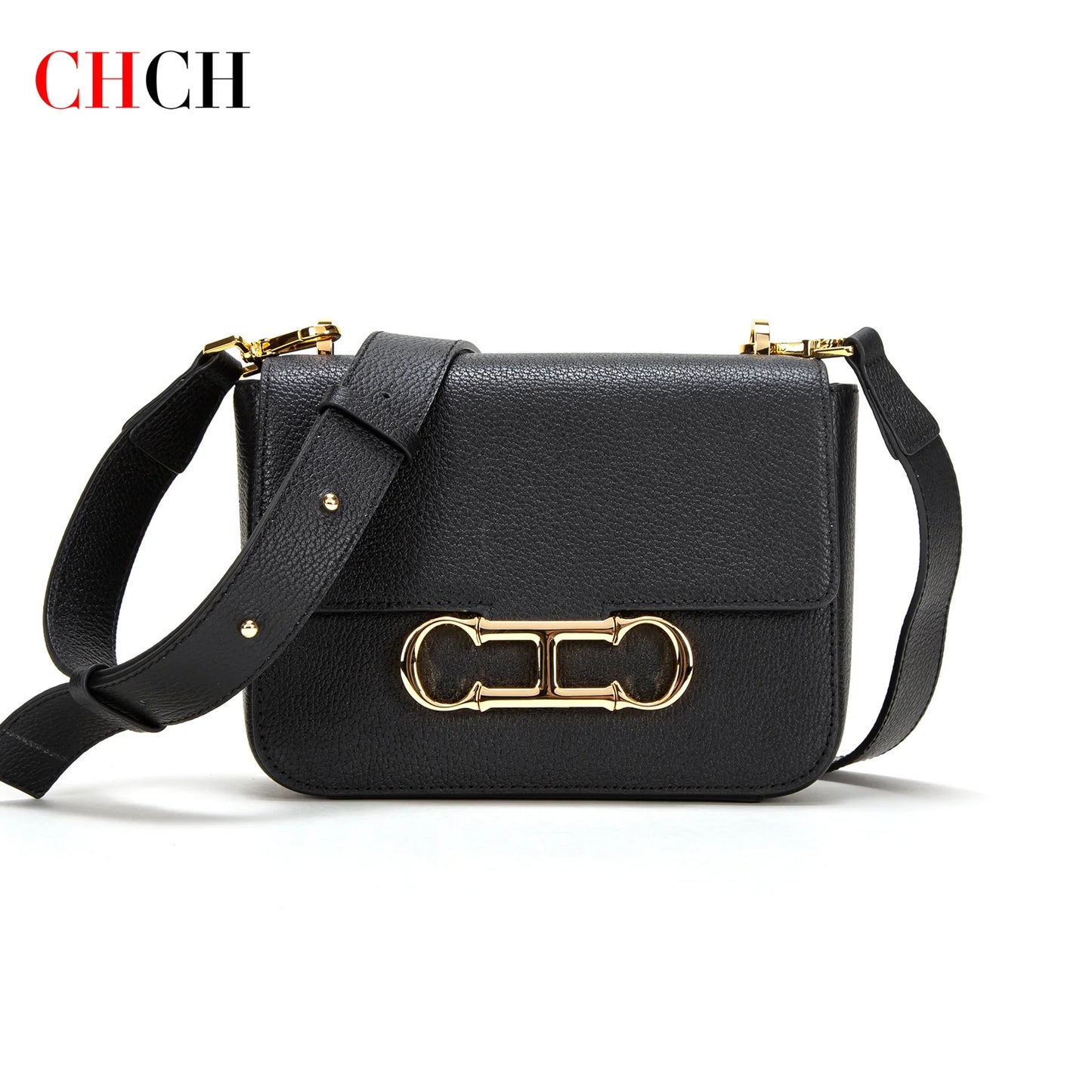 CHCH Women's Saddle Bag 2024 Autumn/Winter New Black Cow Leather Flip Small Square Bag Simple Commuter Diagonal Cross Bag
