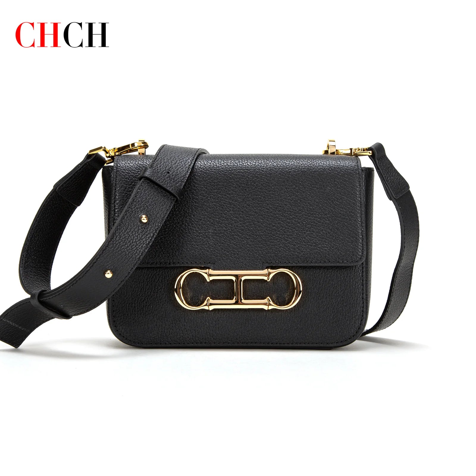 CHCH Women's Saddle Bag 2024 Autumn/Winter New Black Cow Leather Flip Small Square Bag Simple Commuter Diagonal Cross Bag