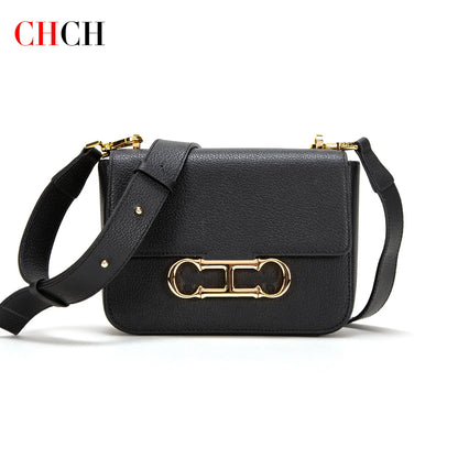 CHCH Women's Saddle Bag 2024 Autumn/Winter New Black Cow Leather Flip Small Square Bag Simple Commuter Diagonal Cross Bag