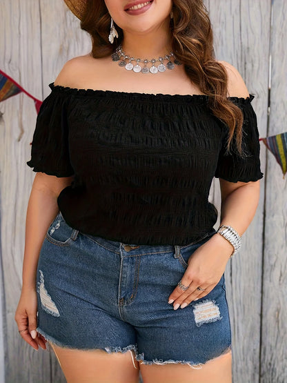Plus Size Summer Women Elegant Off The Shoulder Dress Casual Fashion Solid Tops Office Lady Loose Curve Clothing black