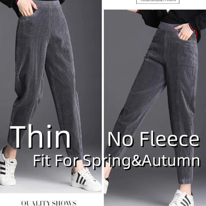 Autumn Winter Plush Thick Thin Elegant Women's Pants High Waist Fleece Pencil Pants Women Corduroy Leggings Office Lady Trousers Thin-Grey