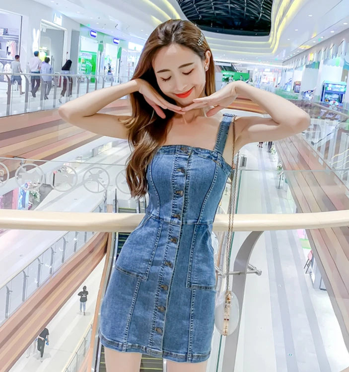 Denim Dress Summer Spaghetti Strap Sundress Vintage Casual Solid Retro Chic Sexy Jeans Button Front Blue Party Dress Women 2022