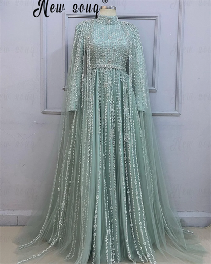 Middle East Evening Dress With Long Cape Sleeve Dubai Mint Green Wedding Party Gowns Muslim Women A Line Prom Dress Customized Badiee Stylez