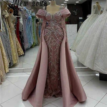 Blush Pink Long Sleeve Evening Dress With Detachable Train Women Arabic Wedding Engagement Party Gowns Lace Beaded Customized Badiee Stylez