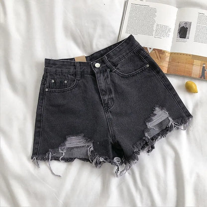 Korean Denim Shorts Women Summer Fashion Casual High Waist Ripped Jeans Pocket Tassel Y2K Hot Pants Streetwear Blue Trousers GRAY