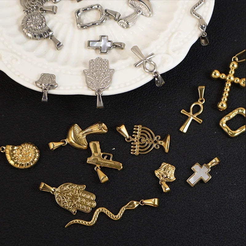 RHYSONG Geometric Stainless Steel 18K Gold Plated Snake Cross Palm Conch Mushroom Pistol Pendant For Women Diy Findings Jewelry