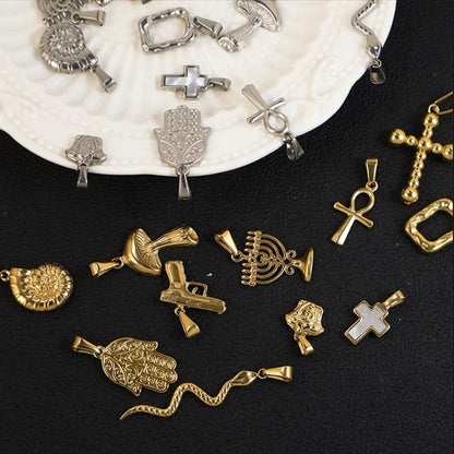 RHYSONG Geometric Stainless Steel 18K Gold Plated Snake Cross Palm Conch Mushroom Pistol Pendant For Women Diy Findings Jewelry