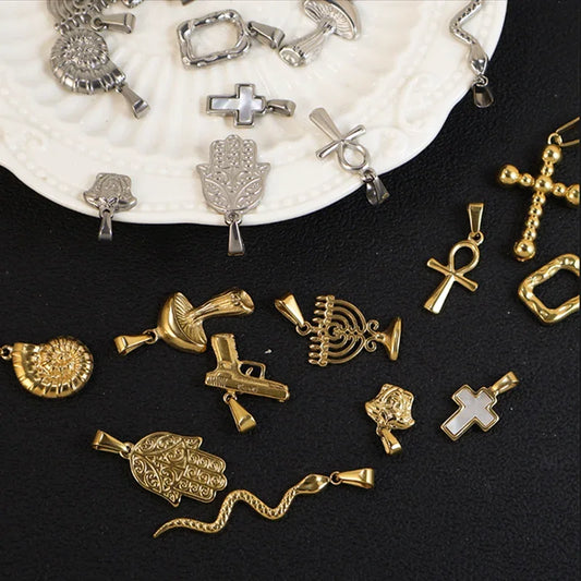 RHYSONG Geometric Stainless Steel 18K Gold Plated Snake Cross Palm Conch Mushroom Pistol Pendant For Women Diy Findings Jewelry