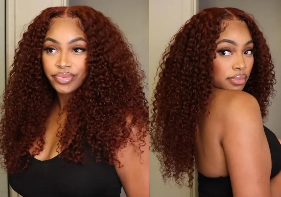UNice Hair 7x5 Bye Bye Knots Wig Human Hair Reddish Brown Curly Lace Wig Wear Go Glueless Wig Pre Cut Bleached Lace Closure Wig