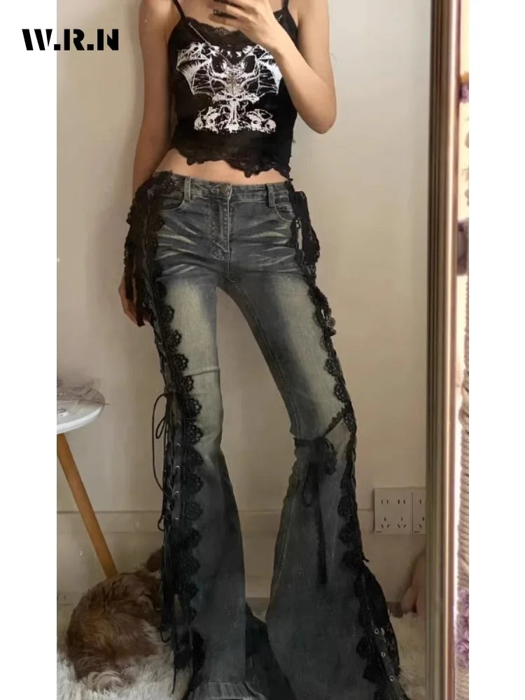Retro Eyelets Lace Up Flare Jeans Stitch Lace Whiskers Low Rise Split Bootcut Pants Women Bell Bottoms Streetwear Y2k Aesthetic
