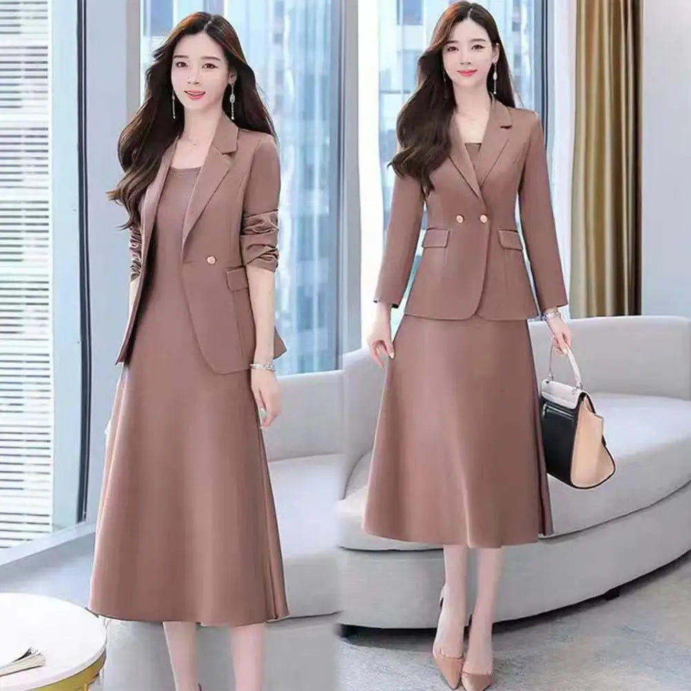 2Pcs/Set Summer Women Suit Dress Outfit Solid Color Mid-length Lady Dress Sets Light Luxury Commute Sling Dress Coat Set