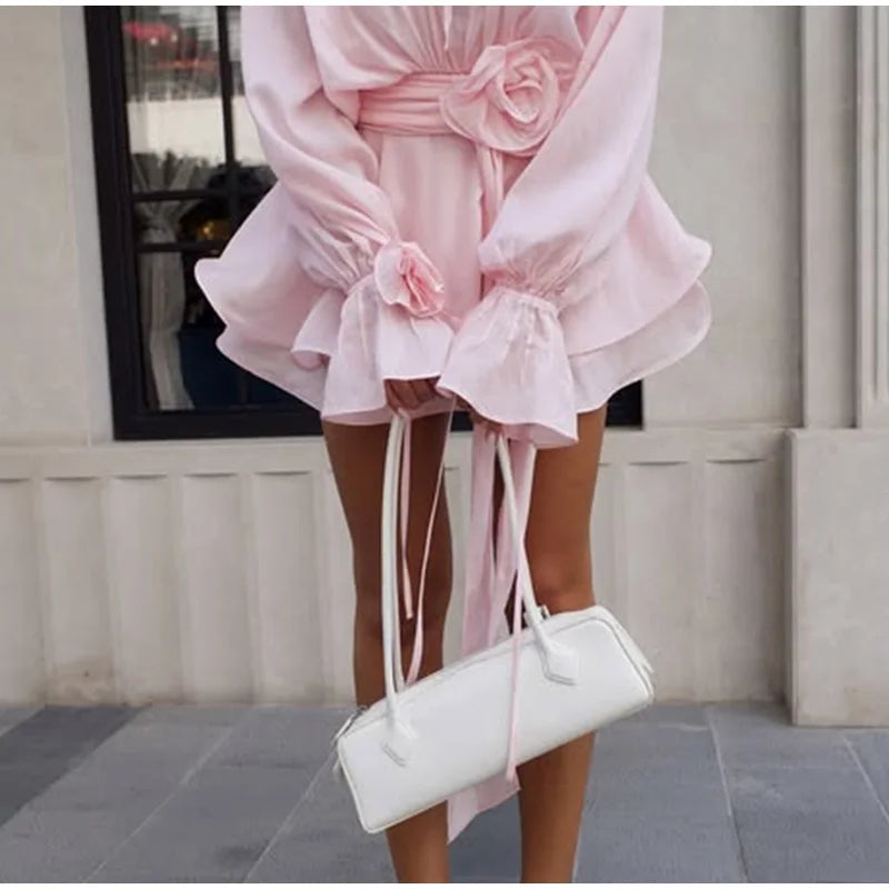 3D Flower Ruffles Mini Dress Women Elegant V Neck Lace Up Long Sleeves Ribbon Vestidos Female 2025 Summer Fashion Chic Dress