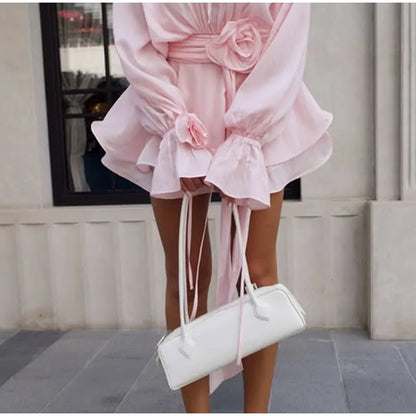 3D Flower Ruffles Mini Dress Women Elegant V Neck Lace Up Long Sleeves Ribbon Vestidos Female 2025 Summer Fashion Chic Dress