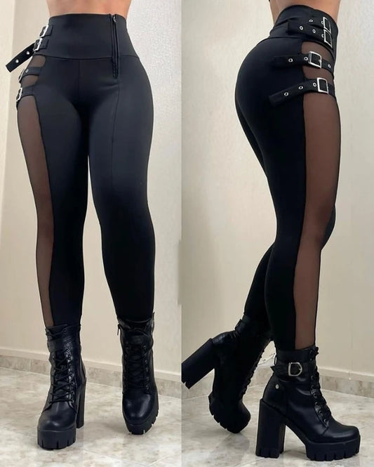 Women's Sexy Pants 2024 Spring Fashion Mesh Panel Belt Buckle High Waist Zipper Casual Tight Elastic Daily Pants Y2K Street Wear A