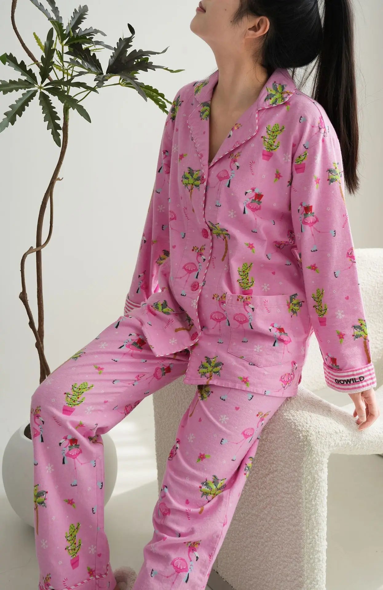 Women's Print Cotton Pajama Set Long Sleeve Autumn Winter Ladies Sleepwear 2 Pcs with Pant Single Breasted Pijama Suit Female