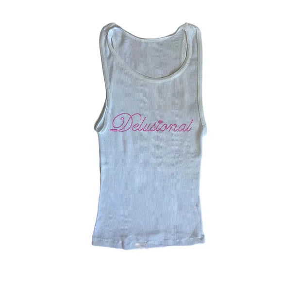 Vintage Punk Rhinestone Letter Gothic Sleeveless Streetwear Short Sleeve Sexy T Shirt Y2k Style Crop Tank Top Women Summer Camis Lavender