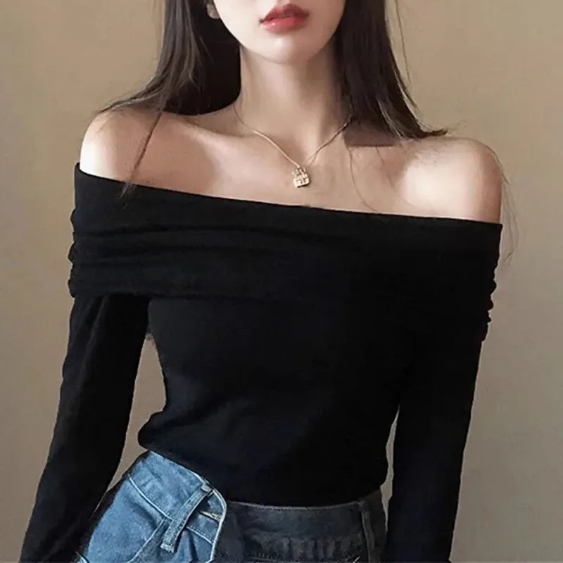Xpqbb Vintage Slash Neck Pullover Women Korean Fashion Slim Long Sleeve Short Blouses Ladies Sexy Off Shoulder Club Party Tops black One Size