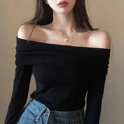 Xpqbb Vintage Slash Neck Pullover Women Korean Fashion Slim Long Sleeve Short Blouses Ladies Sexy Off Shoulder Club Party Tops black One Size