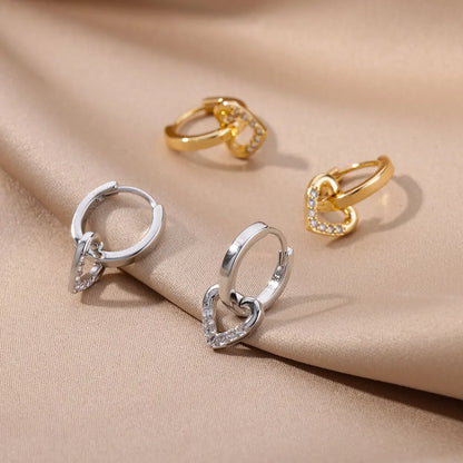 Hollow Heart Earrings for Women Stainless Steel Dangle Drop Earrings 2024 Trend Cubic Zirconia Wedding Couple Ear Jewelry aretes