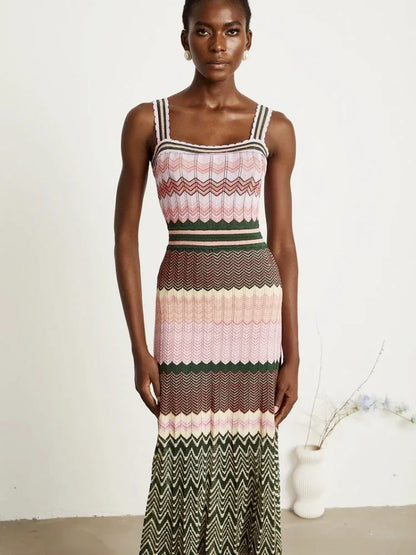 Luxury Brand Design Knitted Zigzag High Elasticity Color Sleeveless Long Maxi Dress Women Arab Africa Popular Boho Lady Skirt Badiee Stylez