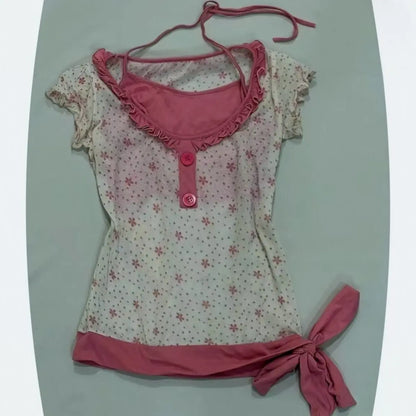 Retro Floral Print Fake Two-piece Short-sleeved T-shirt Women Y2K Millennial Hot Girl Sweet Slim Harajuku Street Casual Top