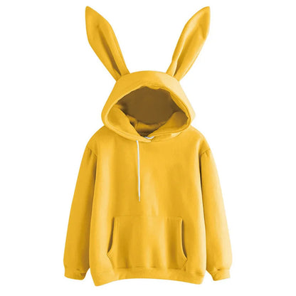 2025 autumn and winter new women's clothing Harajuku Wei hooded rabbit hoodie solid color loose casual women's top women's coat Yellow