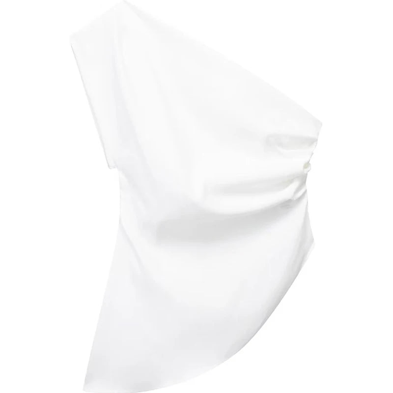 Asymmetric T-shirt New Women's Fashion Trend Spicy Girl Celebrity Temperament Off Shoulder Top WHITE