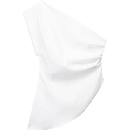 Asymmetric T-shirt New Women's Fashion Trend Spicy Girl Celebrity Temperament Off Shoulder Top WHITE