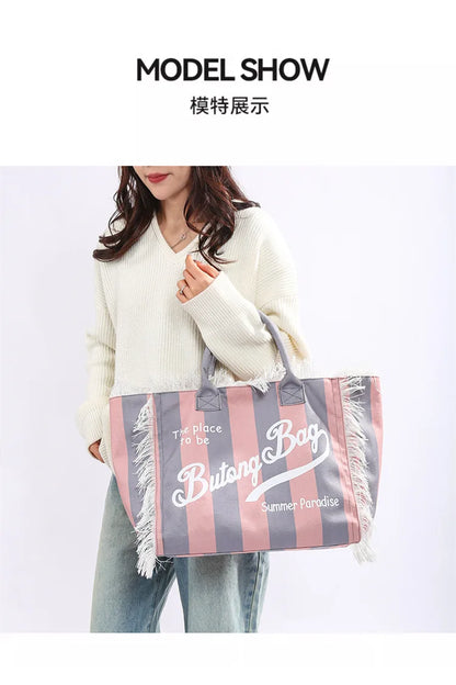European and American Letters Tassel Canvas Bag Arge Capacity Handbags Travel Women Beach Tote Bag Fashion Casual Shopping Bags