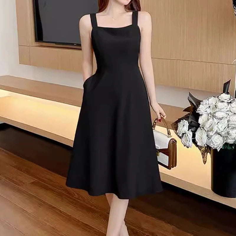 Elegant Black Midi Strapless Dress French Style Birthday Party Slimming Fit Pure Desire Design  Polyester Fiber