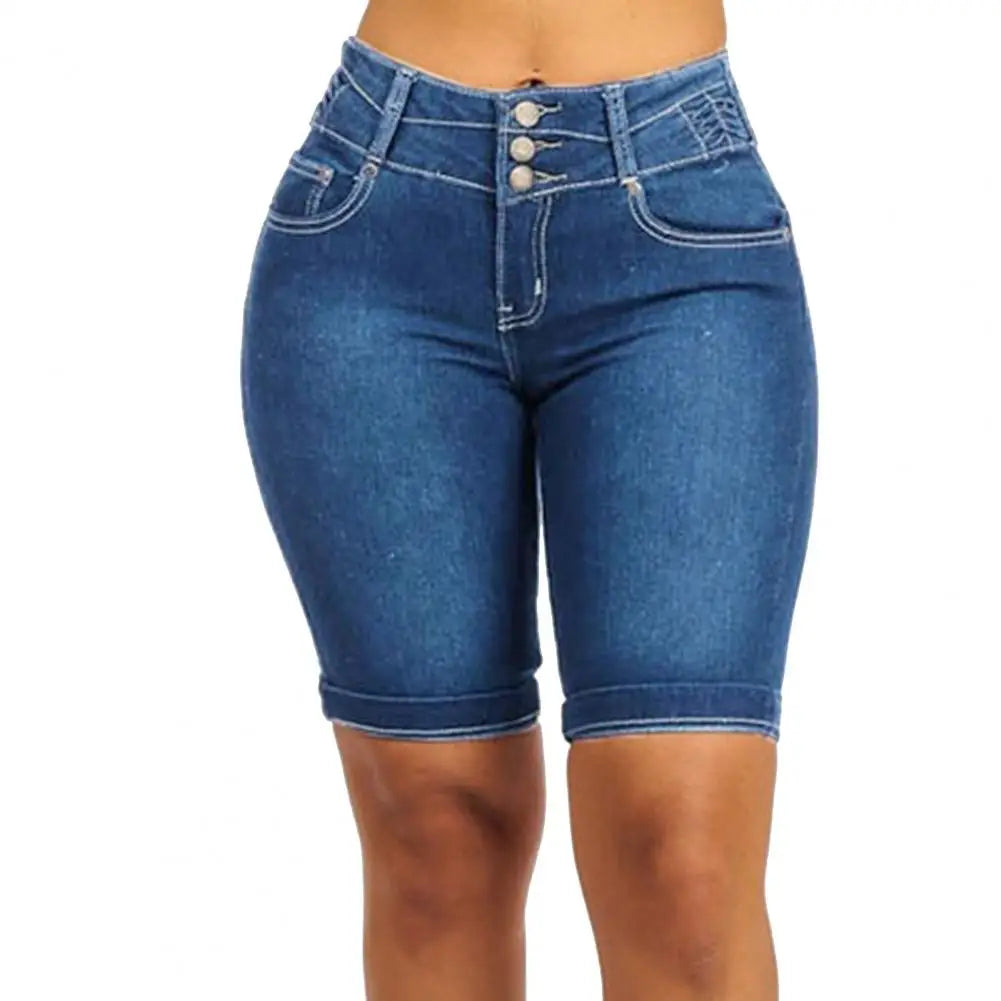 Trendy Denim Shorts Wear-resistant Bodycon Slim Jeans Shorts Mid Rise Soft Women Shorts for School Blue