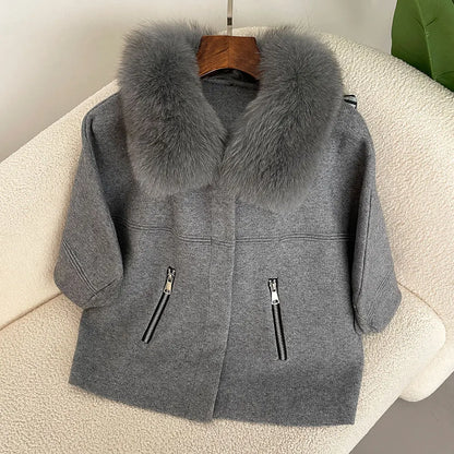 FURYOURSELF 2025 New Real Fox Raccoon Fur Collar Coat Knitted Sweater Women Short Sleeve Jacket Thick Warm Outerwear streetwear