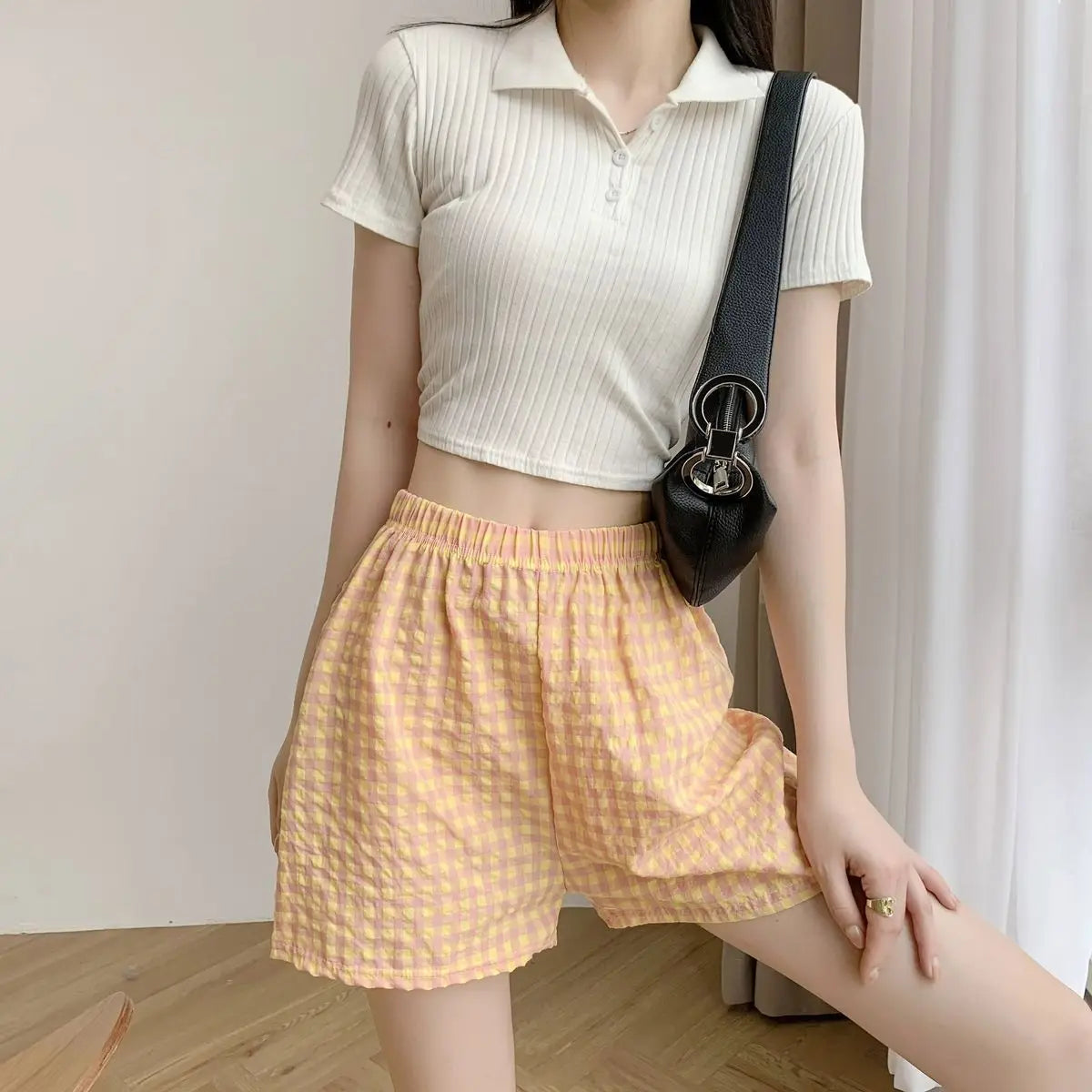 Summer Home Shorts Women's High Waisted Slimming Wide Leg Pants Sports Casual Pants Loose Plaid Pajama Pants