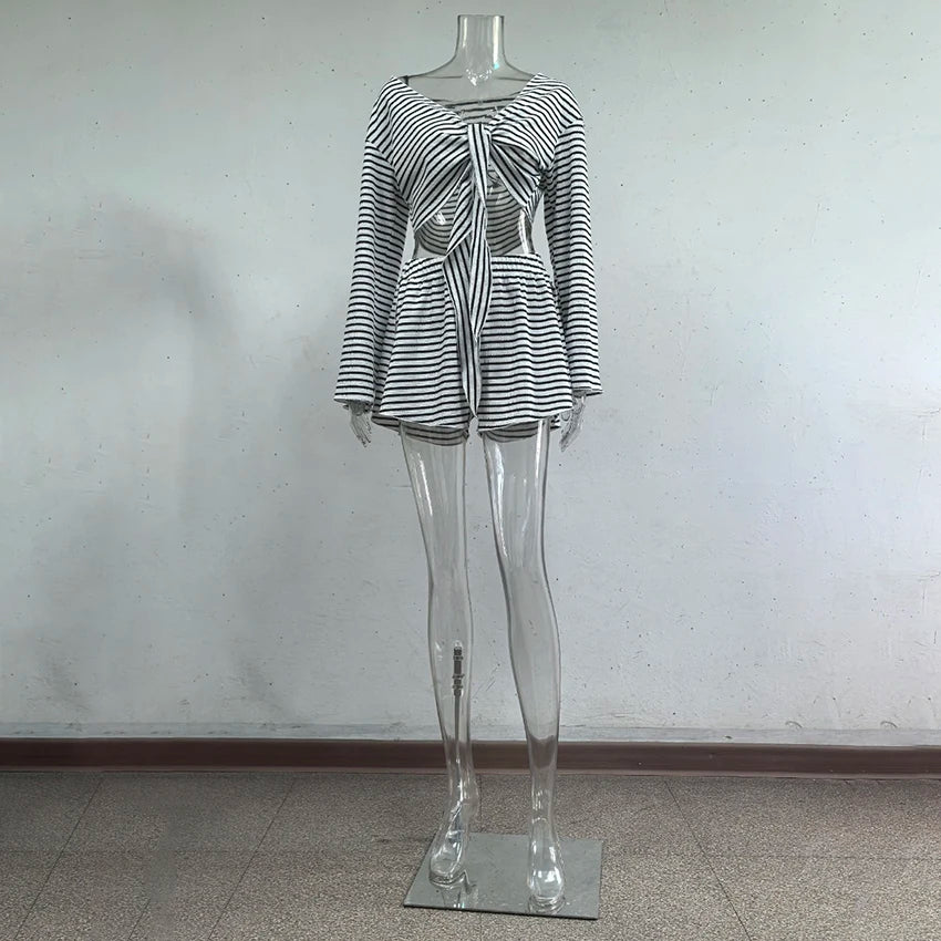 Hiloc Casual Knit Stripe Shorts Pajamas Sets Long Sleeve Home Wear Lace Up Top And Elastic Waist Shorts Sleepwear Knitted Outfit